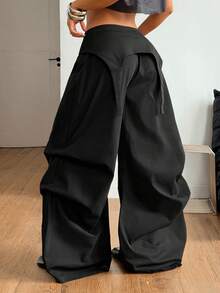 Coolane 女士春季街头风时尚Y2K休闲黑色宽松不对称假两件式降落伞裤 - 黑色 - 查看 6