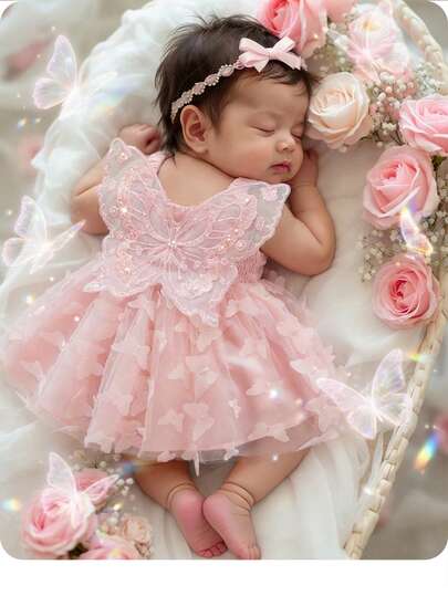 Newborn Baby Girl Elegant Floral Mesh Dress, Pink
