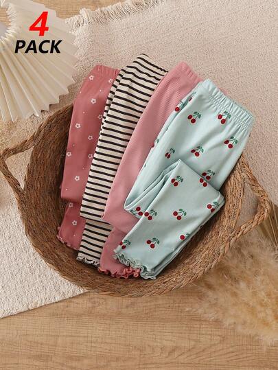 Souflis Souflis 4pcs/Set Girls' Floral Cherry Print Sweet & Cute Versatile Apricot & Muted Tone Ribbed Knit Leggings Set, All Season Cute Pants For Girls Pants For Kids