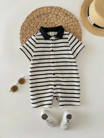 SHEIN 新生儿男女通用休闲针织条纹翻领连体衣，适合生日派对、锐舞派对、晚宴、演出、婚礼、满月庆典、洗礼和一周岁生日、婚礼宾客、婴儿派对等场合。