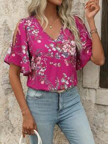SHEIN Clasi Women's V-Neck Floral Print Ruffle Sleeve Split Hem Blouse - Hot Pink - View 6