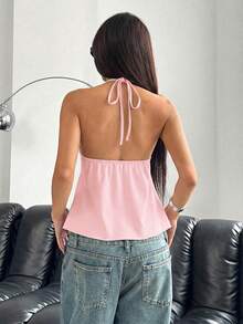 SHEIN EZwear Áo hai dây màu hồng nhạt trơn, kiểu dáng bất đối xứng, buộc dây, gợi cảm dành cho nữ, thích hợp cho mùa xuân/hè. - Màu Hồng baby - Xem 2