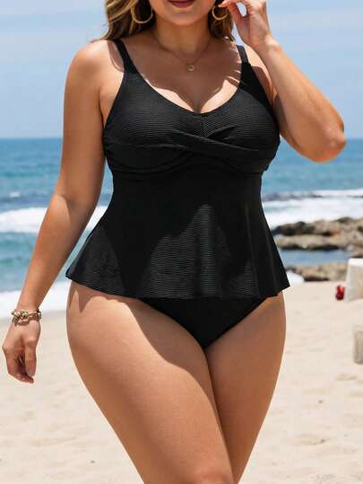 Swim Lushoire Plus Size Solid Ribbed Fabric Criss-Cross Front Adjustable Strap Crisscross Back Hem Fringe Vest Top Paired With High Waist Ribbed Fabric Triangle Bikini Bottom, Sexy Slimming Beach Vacation Swimsuit For Women