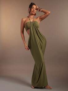 Hauture Olive Green Bandeau Cut Out Side Draped Gathered Side Halter Neck Maxi Dess - Army Green - View 1