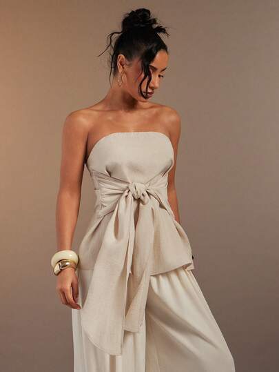 Hauture Women's Sexy Solid Color Textured Linen Front Tie Bandeau Top