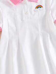SHEIN Playful Pals 女婴白色休闲连衣裙，罗纹领口和袖口，适合休闲穿着、户外活动、运动和聚会。 - 粉色 - 查看 8