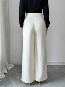 Elenzga New Elegant Casual Straight Leg High Waist Overlap Waistband Women Suit Pants, Spring/Summer - Apricot - View 7