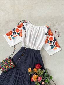 SHEIN Blouse droite à manches droites, taille froncée, imprimé floral, épaules dénudées, style décontracté pour femmes - Multicolore - Voir 2