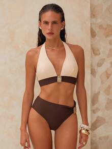 Swim Chiccia 女士夏季挂脖比基尼套装，高腰两件式泳衣，撞色设计搭配金属装饰，聚拢款式，适合海滩和泳池穿着。米色泳衣，棕色比基尼套装，两件式泳衣，棕色泳衣，女士泳衣 - 彩色 - 查看 2