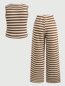 SHEIN 2pcs/Set Girls' Cute Bow Striped Outfit - Multicolor - View 5