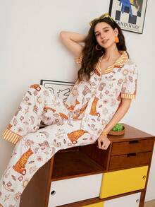 Chillnights 女士休闲撞色豹纹、星星、月亮、天秤座印花舒适宽松翻领纽扣前开襟梭织睡衣套装 - 彩色 - 查看 6