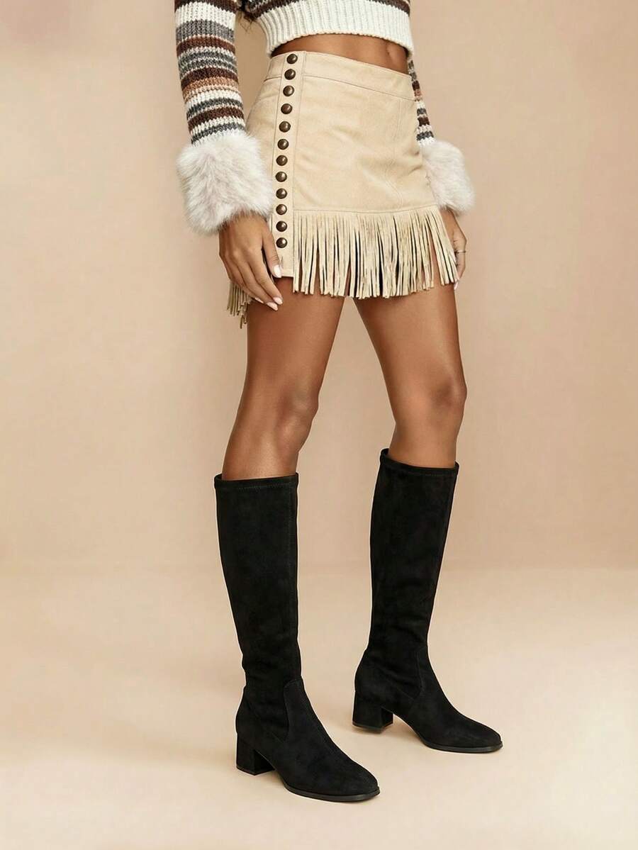 Daringsoles 女士时尚百搭简约粗跟中筒靴，圣诞节必备 - 深黑色 - 查看 1