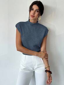 Firerie Elegant High Neck Loose Casual Versatile Sleeveless Knit Sweater Vest Going Out Tops Women,Tops For School In Fall/Winter - Blue - View 5