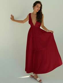 Aloruh Women's Deep V-Neck Tie Waist A-Line Dress, White, Vacation/Holiday - Burgundy - View 7