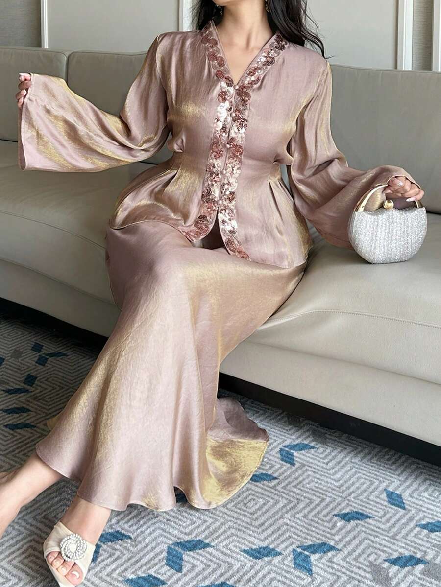 Dazy Plus Bộ đồ 2 mảnh dành cho nữ cỡ lớn, gồm áo tay dài cổ chữ V đính sequin và chân váy dài dáng rộng, thích hợp dự tiệc/lễ hội, mùa xuân/thu. - Hồng - Xem 1