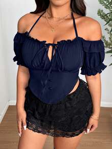 SHEIN LUNE Áo kiểu nữ cỡ lớn, màu trơn, bèo nhún, trễ vai, xếp ly, cổ buộc dây. - Màu xanh hải quân - Xem 7