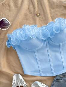 Soleia Top tubo ajustado con volantes romántico y sexy, adecuado para vacaciones, citas, San Valentín, tarde de té - Celeste - Ver 6