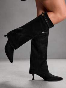 CUCCOO SZL Women's Pointed Toe Buckle Design Fashion High Heel Over-The-Knee Boots Valentine's Day - Black - View 9