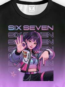 Spring & Summer Tween Girls Casual Fashion Creative Personalized Refreshing Chic Minimalist Cool Virtual Girl Group Pentagram Number 67 Graphic Letter Slogan Print Casual Basic Short T-Shirt + Bike Shorts Set, Comfortable Cozy Summer & Fall Styles Suitable For Spring, Summer, Autumn Daily Sports Outfits Anime Clothing Girls 2 Piece Girls Set Casual Cartoon Print Shirt Sleeve T Shirt And Shorts Suitable For Summer Cartoon Print Shirt Girls Shorts Set - Multicolor - View 6