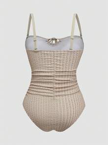 Sweetra Plus Size Women Solid Color Ruched Front Tie Strap One-Piece Swimsuit - Apricot - View 2