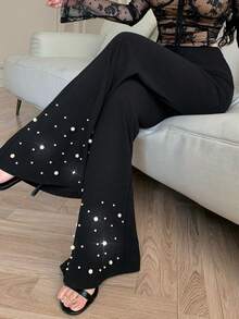 Modelyn Pantalones acampanados de estilo casual y elegante con perlas para mujer, color negro - Negro - Ver 10