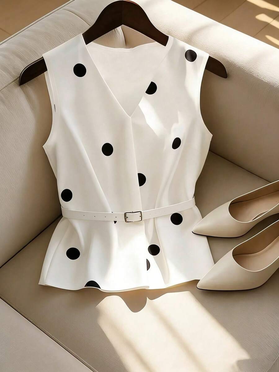 GlowEve 2026 Women's Spring/Summer New Basic Commuter Classic Elegant Sleeveless Polka Dot Blouse - Black and White - View 1