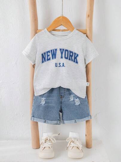 SHEIN 2pcs/Set Unisex Baby Boy/Girl Casual Cute Slogan Graphic Short Sleeve T-Shirt And Distressed Denim Shorts Outfit Sets, Baby Streetwear