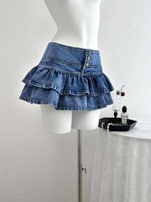 SHEIN ICON Falda vaquera casual de verano con doble volante para mujer de talla grande con estilo Y2K - Azul lavado medio - Ver 4