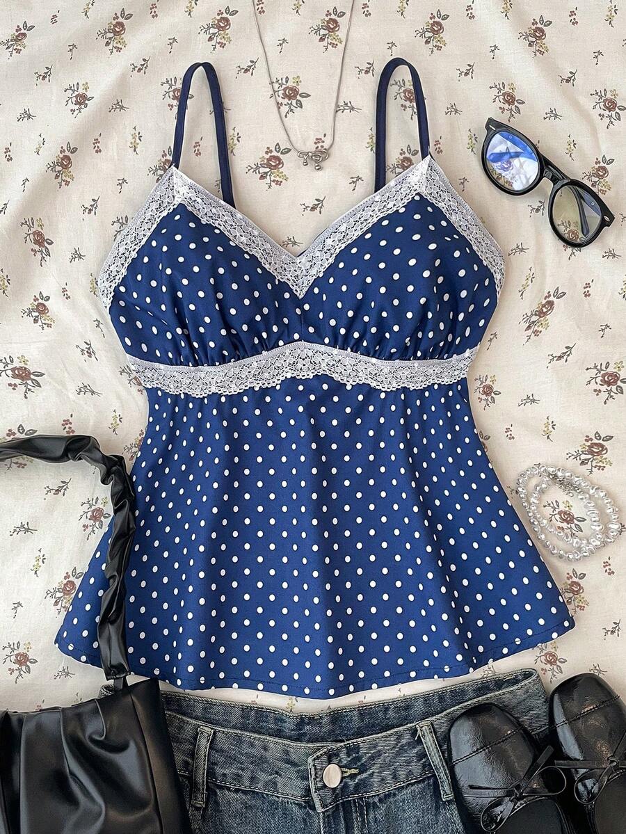 SHEIN Teen Girls' Blue & White Polka Dot Lace Camisole Elegant White Lace Trim Camisole, Suitable For Summer, Vacation, Casual, Home, Bohemian Style - Navy Blue - View 1