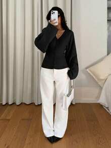 Siren Gaze Women's Solid Color Button-Up Fitted Waist Knit Cardigan, Casual Everyday Wear, Autumn/Winter - Black - View 5