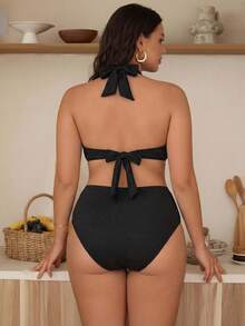 Swim Chiccia Plus Size Women's Solid Color Halter Tie Sexy Bikini Swimsuit Set - Black - View 2