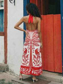 CAJUNI Women's Casual Palm Tree Print Halter Neck Vacation Dress - Red and White - View 2