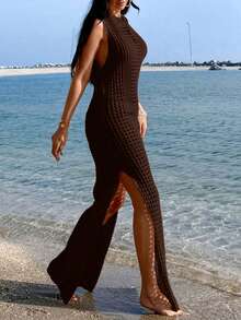 EURMUSE Women Crochet Knit Long Sleveeless Dress - Coffee Brown - View 6