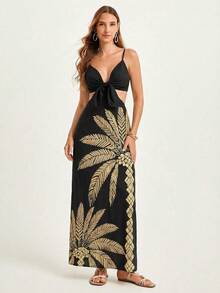 CAJUNI Women's Summer Vacation Coconut Tree Print Hollow Front Tie Strap Dress - Black - View 6
