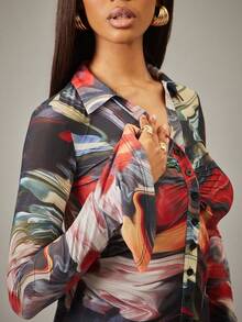 NYA SZN طقم متطابق (ملابس علوية وبنطلون) ملابس علوية بأكمام طويلة ضيقة مع ياقة زر، بنطلون ذو خصر عالي نحيف بتنورة صغيرة متسعة من الأسفل، من الشبك باللون الأسود والأحمر والبرتقالي والأخضر، ملابس للشتاء والربيع والمناسبات الاحتفالية كعيد الميلاد ورأس السنة وعيد الحانوكا للنساء - متعدد الألوان - مشاهدة 5