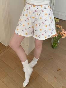 DAZY Cute Cartoon Bear & Fruit Print Textured Fabric Short Women Pajama Bottoms - White - View 8