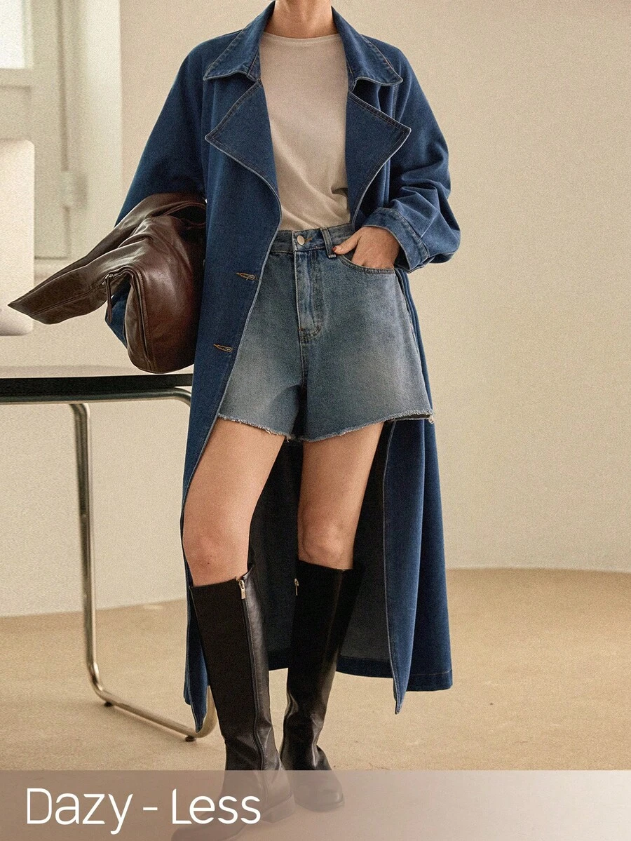 Dazy-Less Loose Casual Raw Denim Blue Elegant Long Women Denim Jacket And Coat, Spring/Summer - Blue - View 1