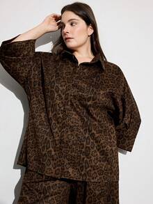 Aveloria Modichic Conjunto Feminino De 2 Peças: Camisa Casual Folgada Com Estampa De Leopardo Lapela Com Botões, E Calça Reta Modeladora Com Cintura Elástica. - Multicolorido - Ver 6