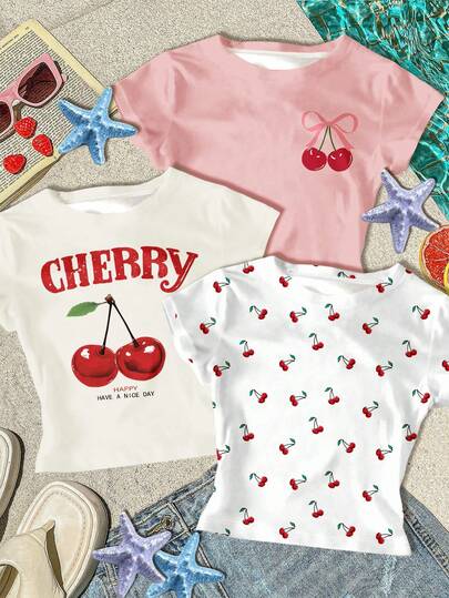 3 件套 Chill Vacation，Vacay Vibes 复古迷你樱桃海滩印花，多巴胺色，奶油黄，奶油白，少女休闲修身圆领短袖高腰短款常规 T 恤，适合夏季