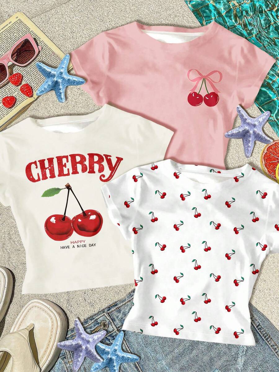 3 件套 Chill Vacation，Vacay Vibes 复古迷你樱桃海滩印花，多巴胺色，奶油黄，奶油白，少女休闲修身圆领短袖高腰短款常规 T 恤，适合夏季 - 彩色 - 查看 1