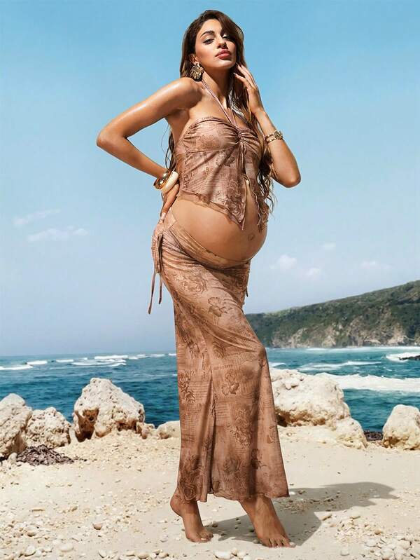 MaterniChic Maternity Clothes Maternity Co Ord Set Spring And Summer Pregnant Clothes Brown Maternity Two-Piece Set With Halter Neck Tie And Trousers: Stylish, Comfortable, And Elegant For A Beach Vacation