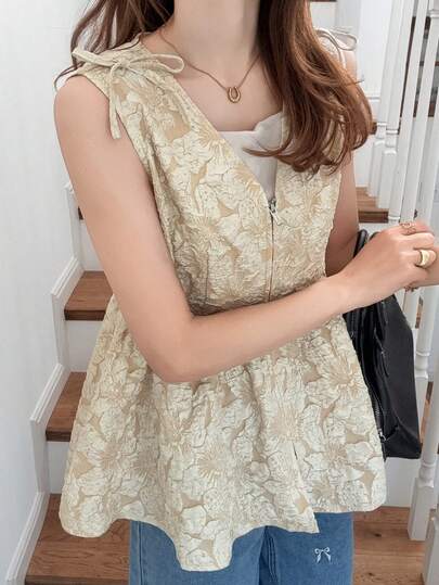 FRIFUL Chaqueta sin mangas con decoración de tela texturizada, abertura frontal y bajo con volante, estilo dulce