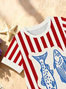 Gaun Kaos Lengan Pendek Motif Ikan Garis Vertikal Merah & Putih Minimalis, Bergaya Kasual, Kreatif, dan Personal untuk Anak Perempuan, Nyaman untuk Dipakai Sehari-hari, Cocok untuk Musim Panas & Gugur. - MultiWarna - View 6