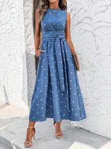 SHEIN Clasi Đầm maxi dáng chữ A không tay, thắt eo, chất liệu vải lanh thanh lịch dành cho nữ, thích hợp cho kỳ nghỉ hè. - Xanh và trắng - Xem 4
