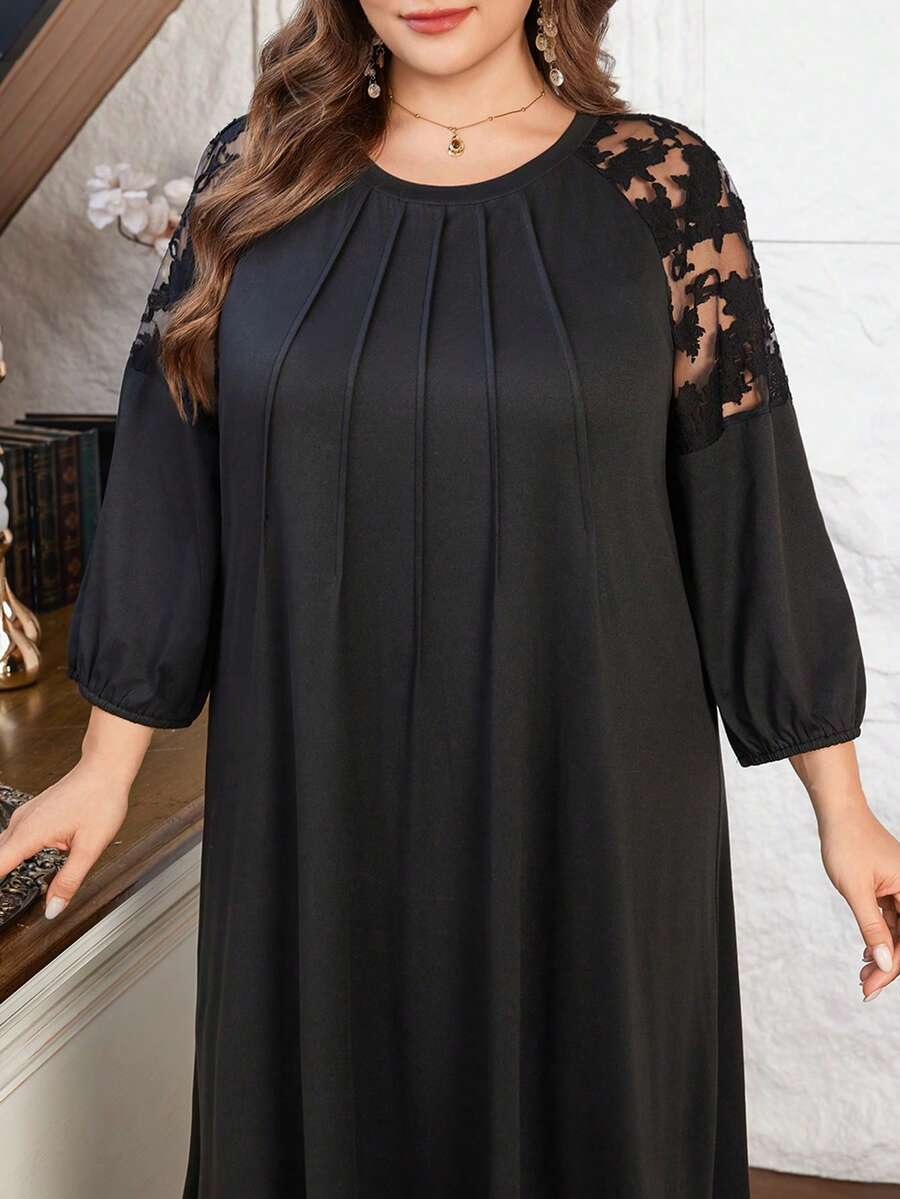 SHEIN Lacomfia Elegant Casual Lace Patchwork Round Neck Loose Fit Plus Size Women Long Dress, Spring/Summer - Multicolor - View 1