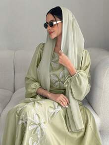 Yasmyna 女士优雅花卉网纱灯笼袖方领阿拉伯风格连衣裙，秋季 - 綠色 - 查看 5