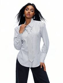 TypaGal 女士撞色条纹长袖衬衫 - 黑與白 - 查看 4