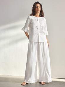 Ocili Pijama Feminino Confortável de Algodão 100% Boêmio, Retalhos, Renda Simples e Chique para o Outono - Branco - Visão 2