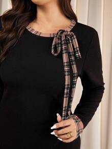 Elaquor Plus Size Plaid Print Twist Front Fitted Elegant Long Sleeve Dress - Multicolor - View 6