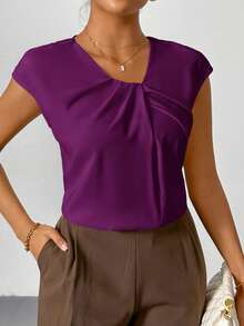 Firerie 大码女式优雅纯色短袖褶皱圆领修身短袖衬衫 - 紫色 - 查看 5